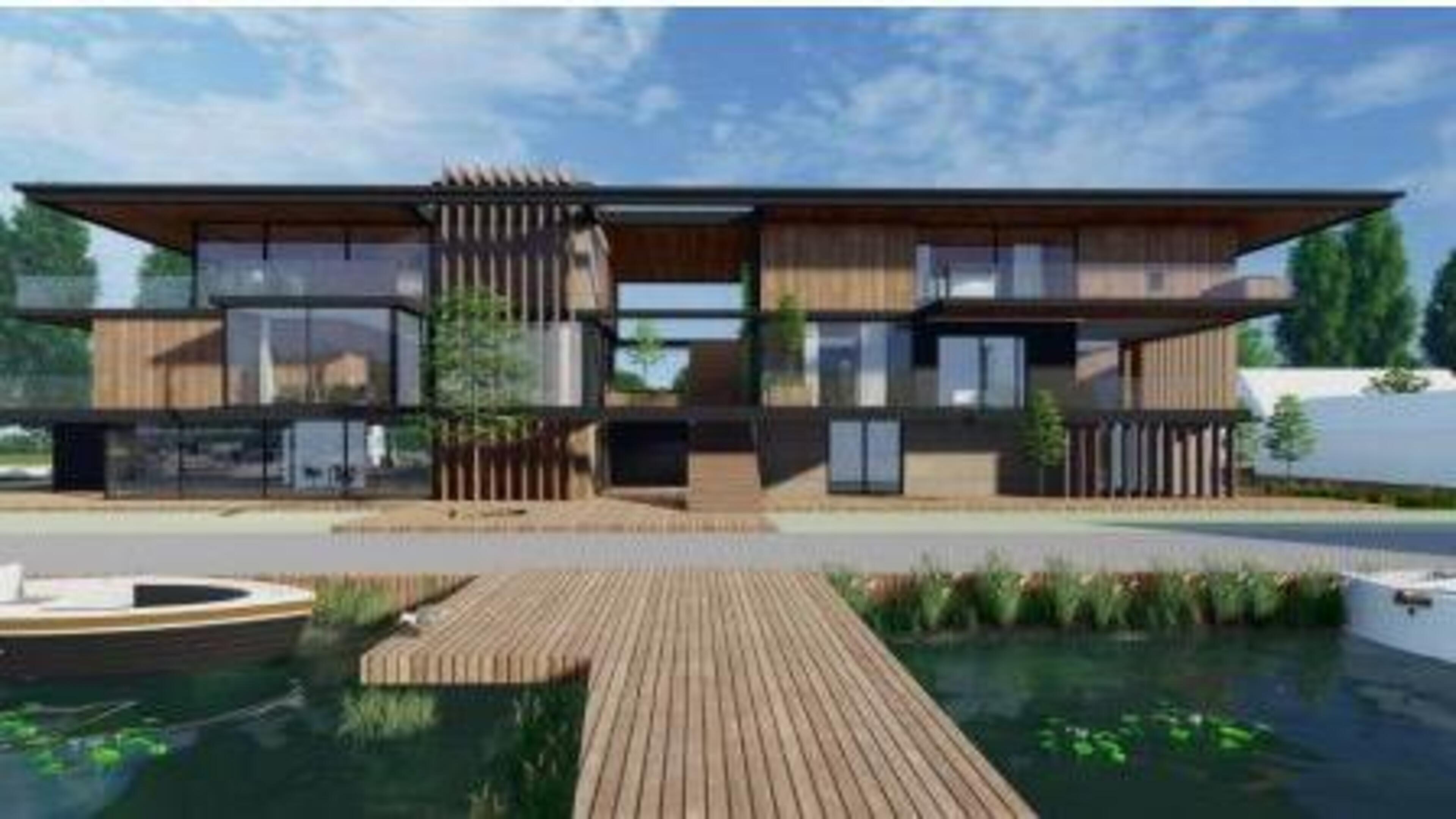 Loods en zestal recreatiewoningen bij jachthaven Kortenhoef